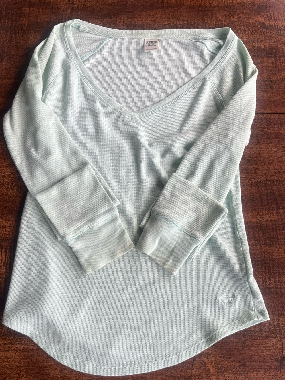 Y2K Victoria’s Secret PINK Thermal V Neck Top Aqua Waffle Knit XS Long Sleeve